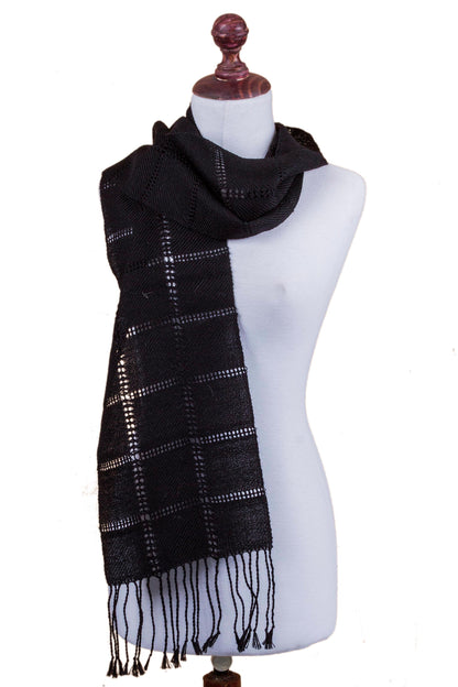 Midnight in Juliaca Women's Handwoven Black 100% Alpaca Wool Scarf