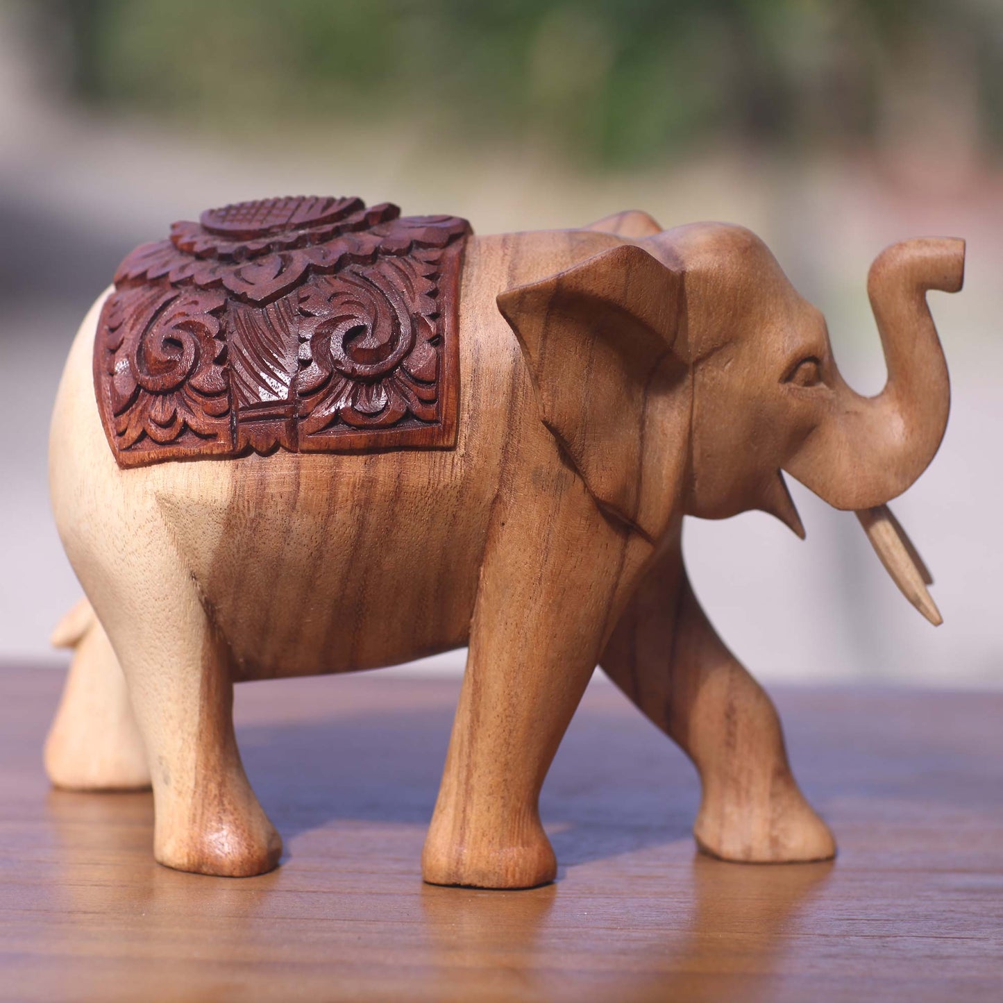 Elephant on Parade Hand Carved Wood Statuette of Elegant Elephant on Parade