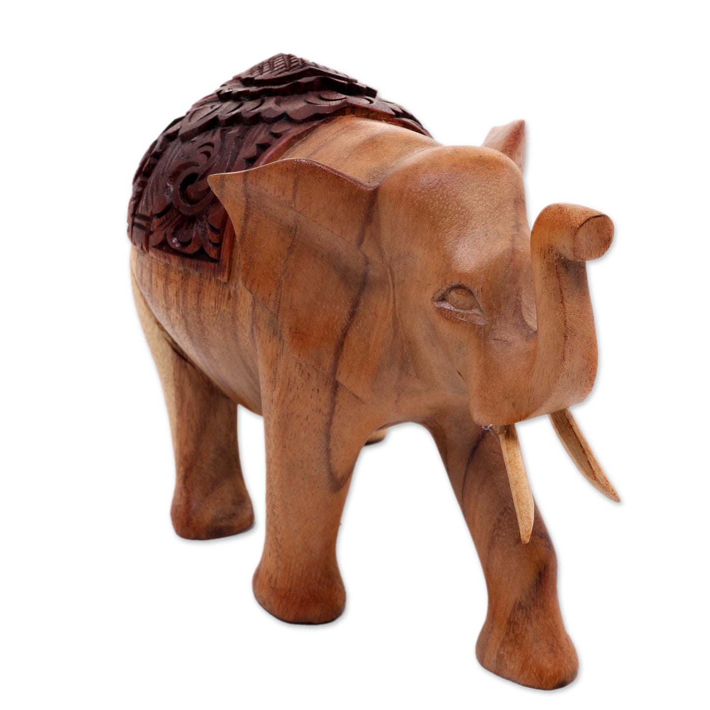 Elephant on Parade Hand Carved Wood Statuette of Elegant Elephant on Parade