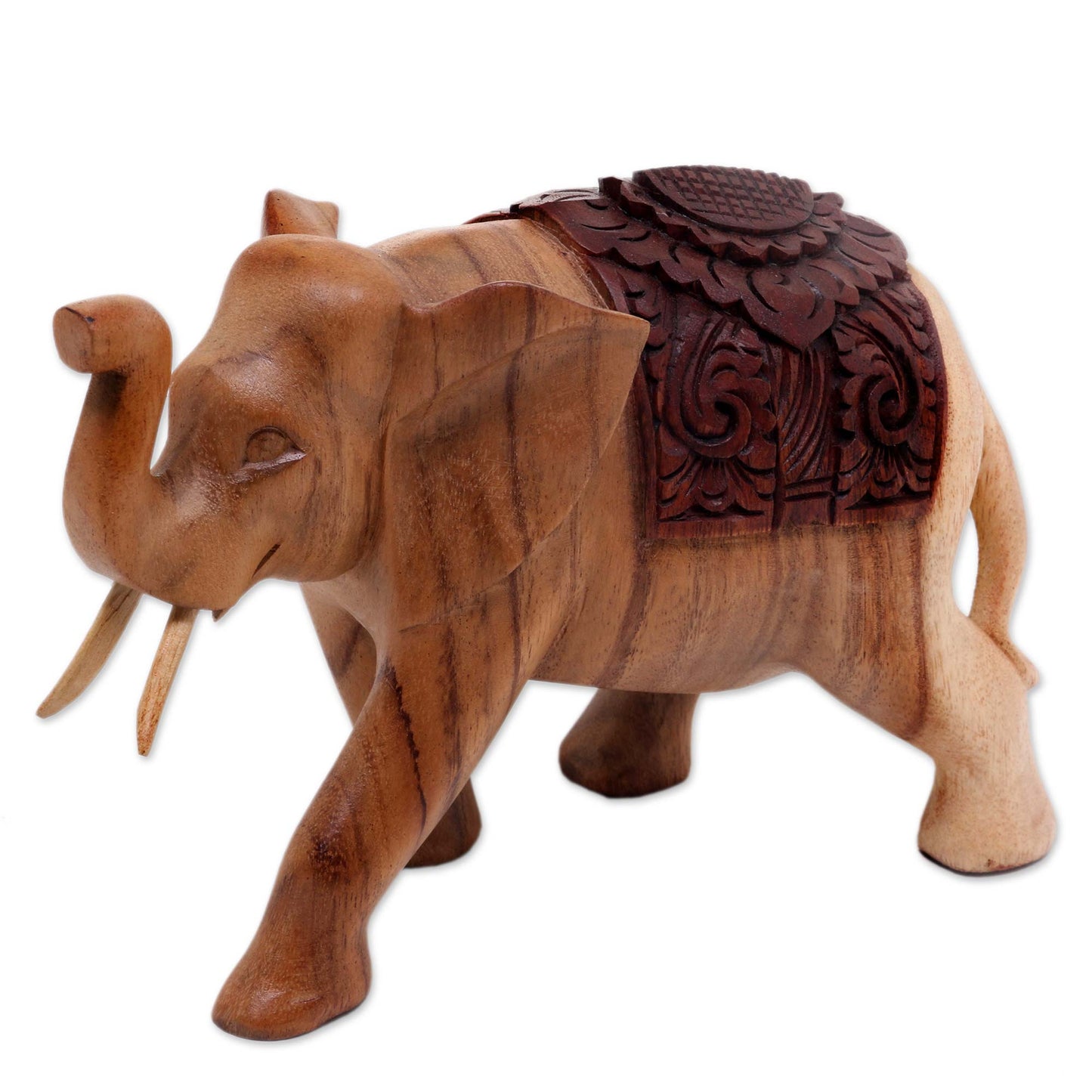 Elephant on Parade Hand Carved Wood Statuette of Elegant Elephant on Parade