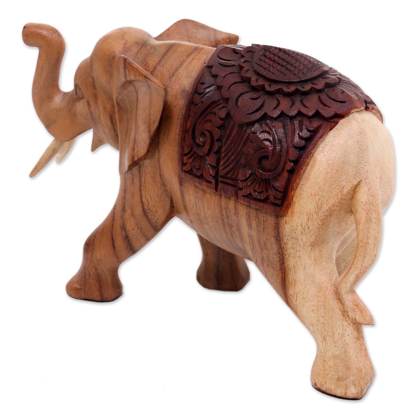 Elephant on Parade Hand Carved Wood Statuette of Elegant Elephant on Parade