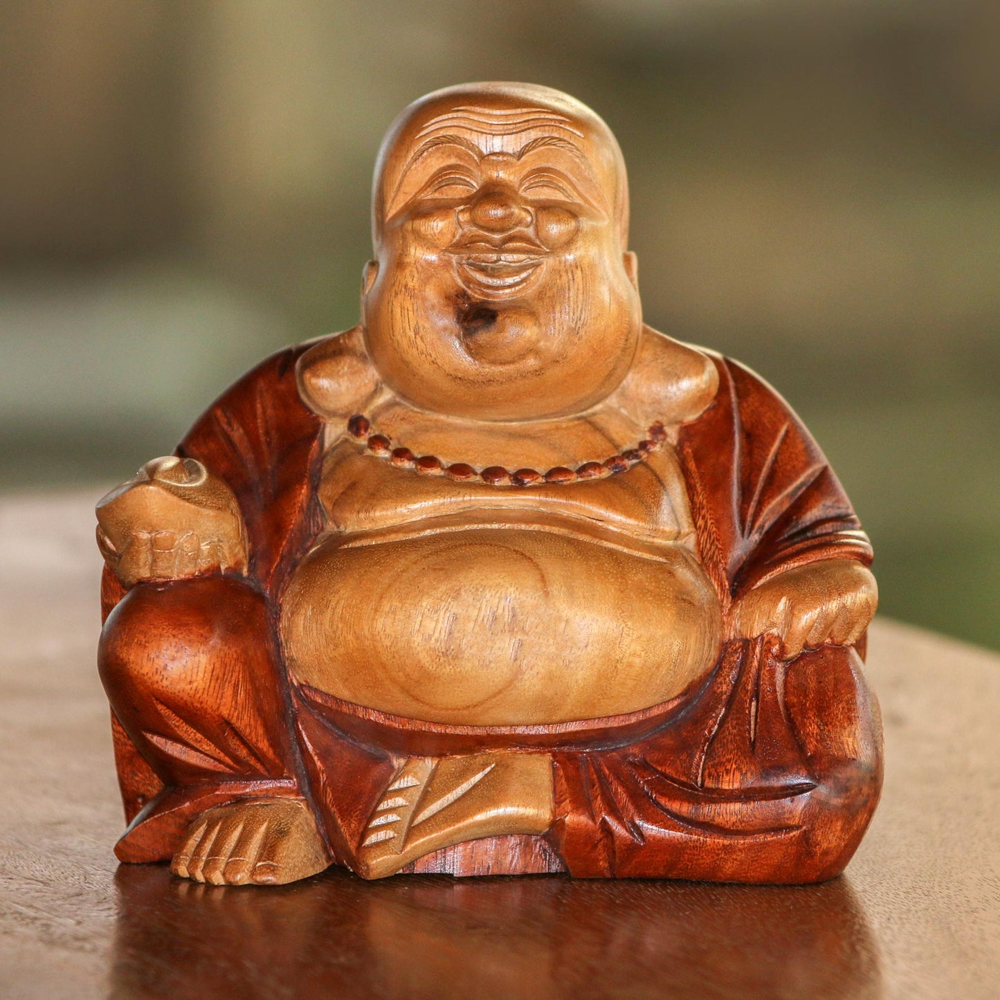 Buddha Laughs Acacia Wood Joyful Buddha Sculpture Carved by Hand in Bali