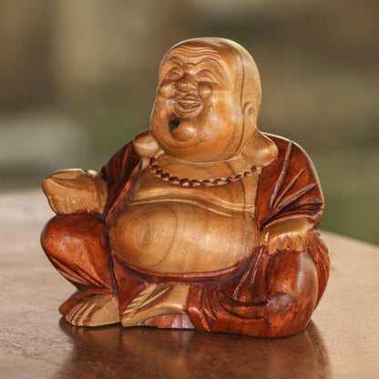 Buddha Laughs Acacia Wood Joyful Buddha Sculpture Carved by Hand in Bali