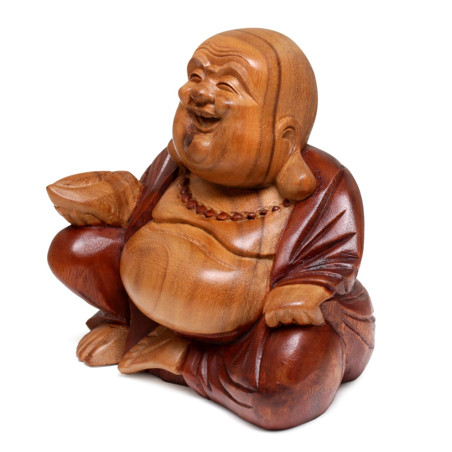 Buddha Laughs Acacia Wood Joyful Buddha Sculpture Carved by Hand in Bali