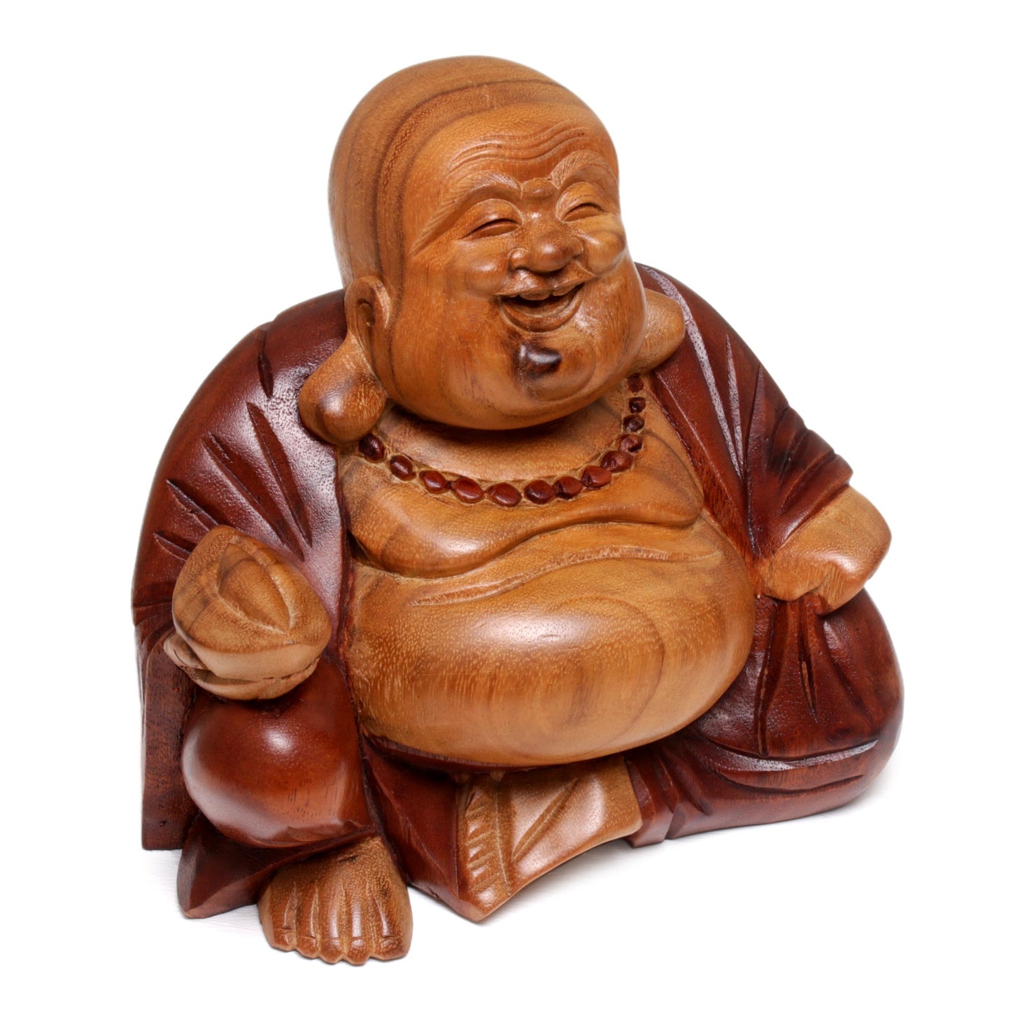 Buddha Laughs Acacia Wood Joyful Buddha Sculpture Carved by Hand in Bali