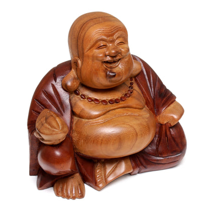 Buddha Laughs Acacia Wood Joyful Buddha Sculpture Carved by Hand in Bali