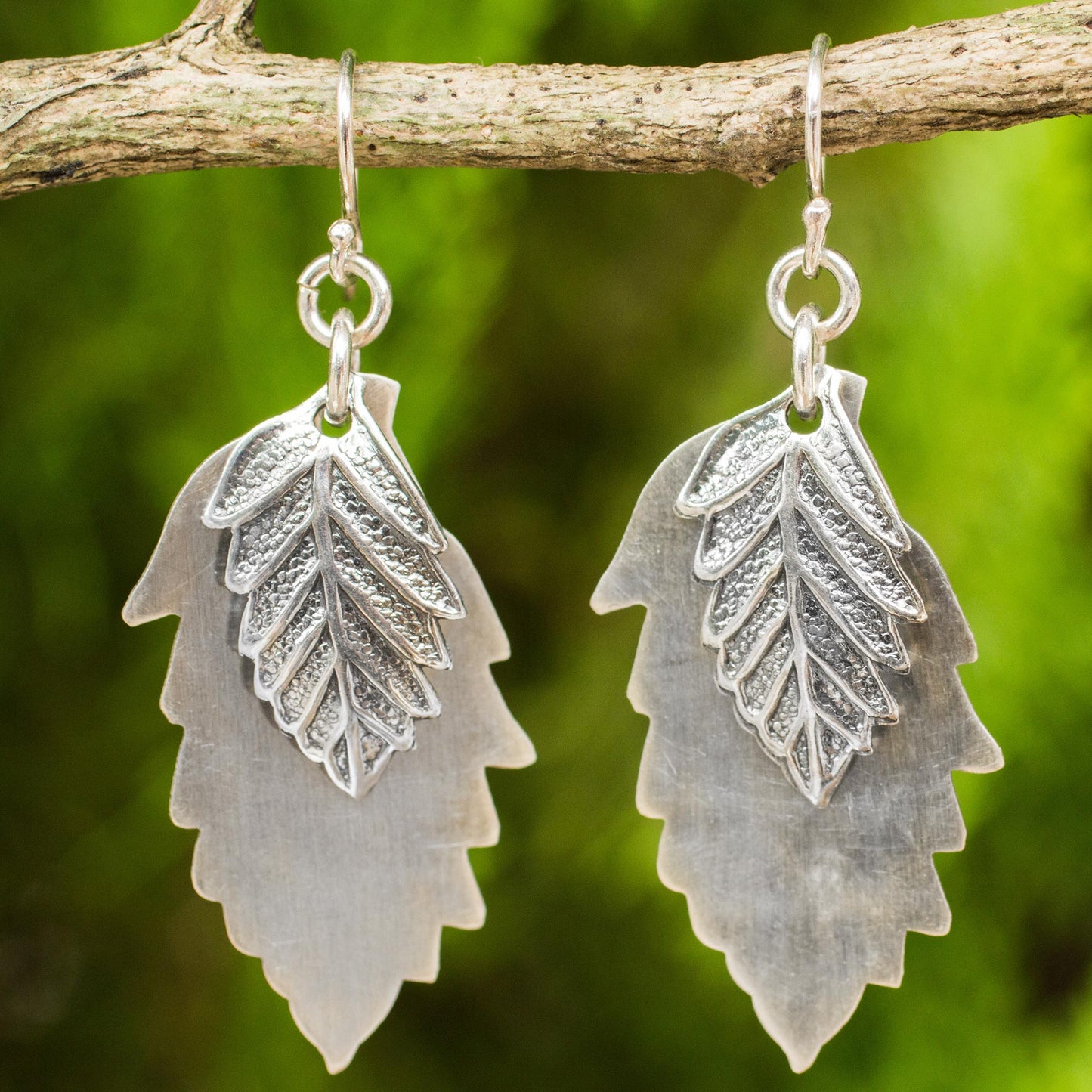 Leaf Shadows Double 925 Sterling Silver Leaves Artisan Crafted Earrings