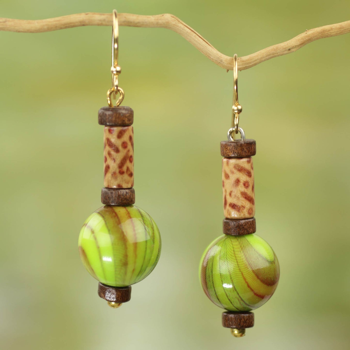 Simplicity Globes Hand Crafted Sese Wood and Upcycled Plastic Dangle Earrings