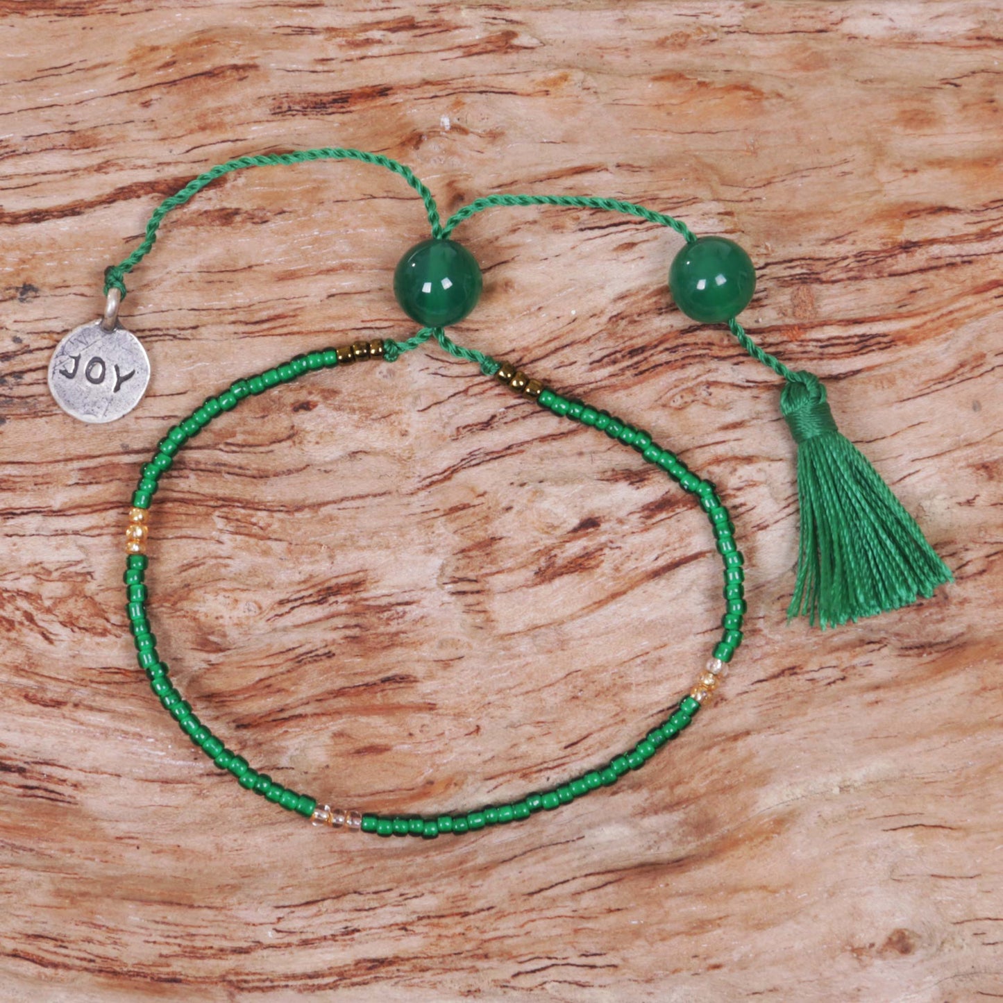 Green Joy Green Glass Bead Bracelet with Joy Charm Green Quartz Stones