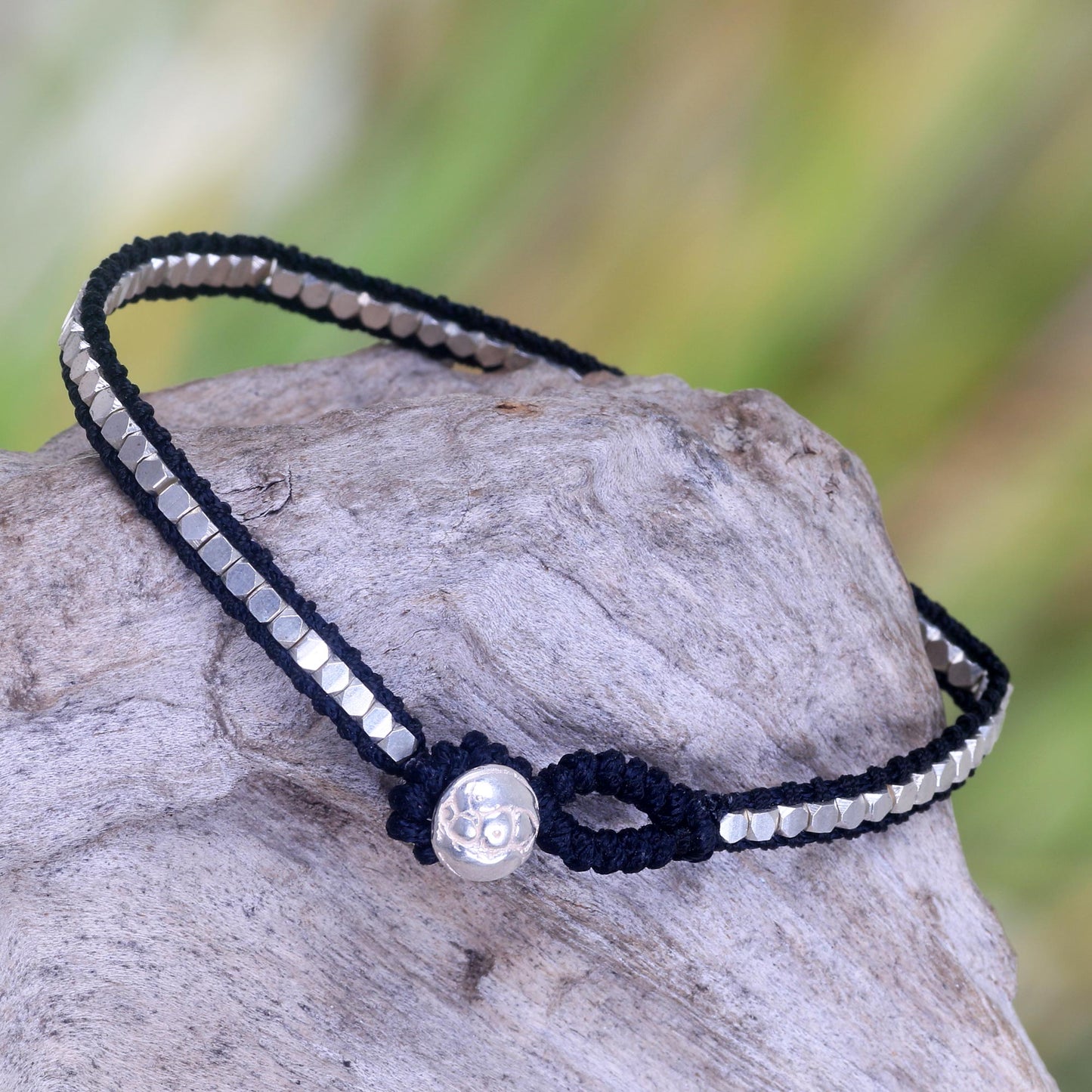 Black Moonlight Path Hand Knotted Black Bracelet with Sterling Silver Beads