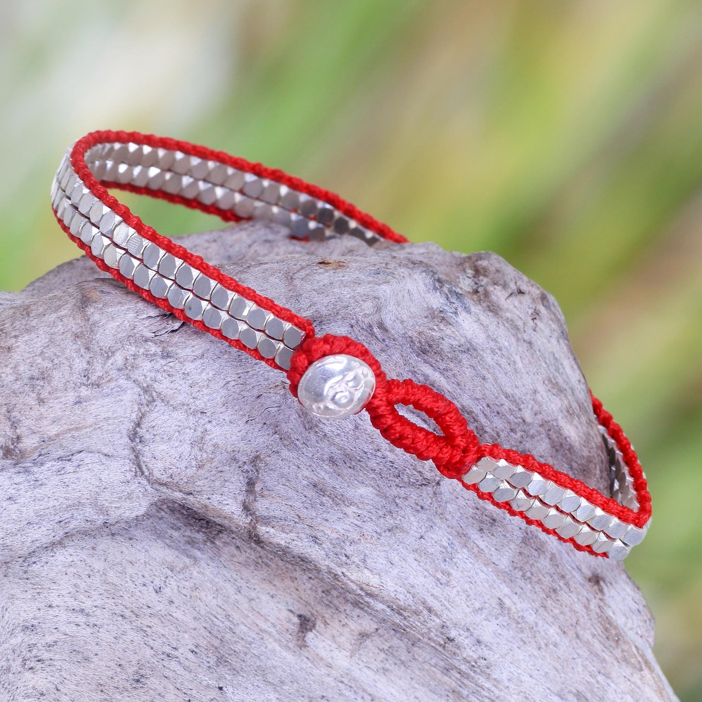 Shimmering Path in Red Red Artisan Crafted Sterling Silver Beaded Bracelet