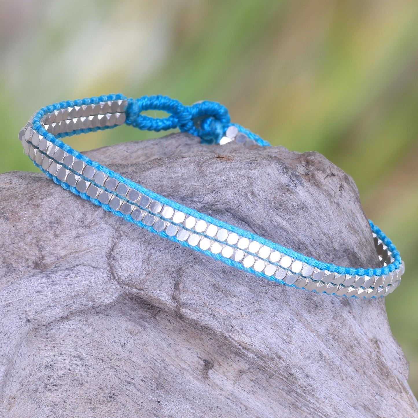 Shimmering Path in Turquoise Artisan Crafted Turquoise Beaded Sterling Silver Bracelet