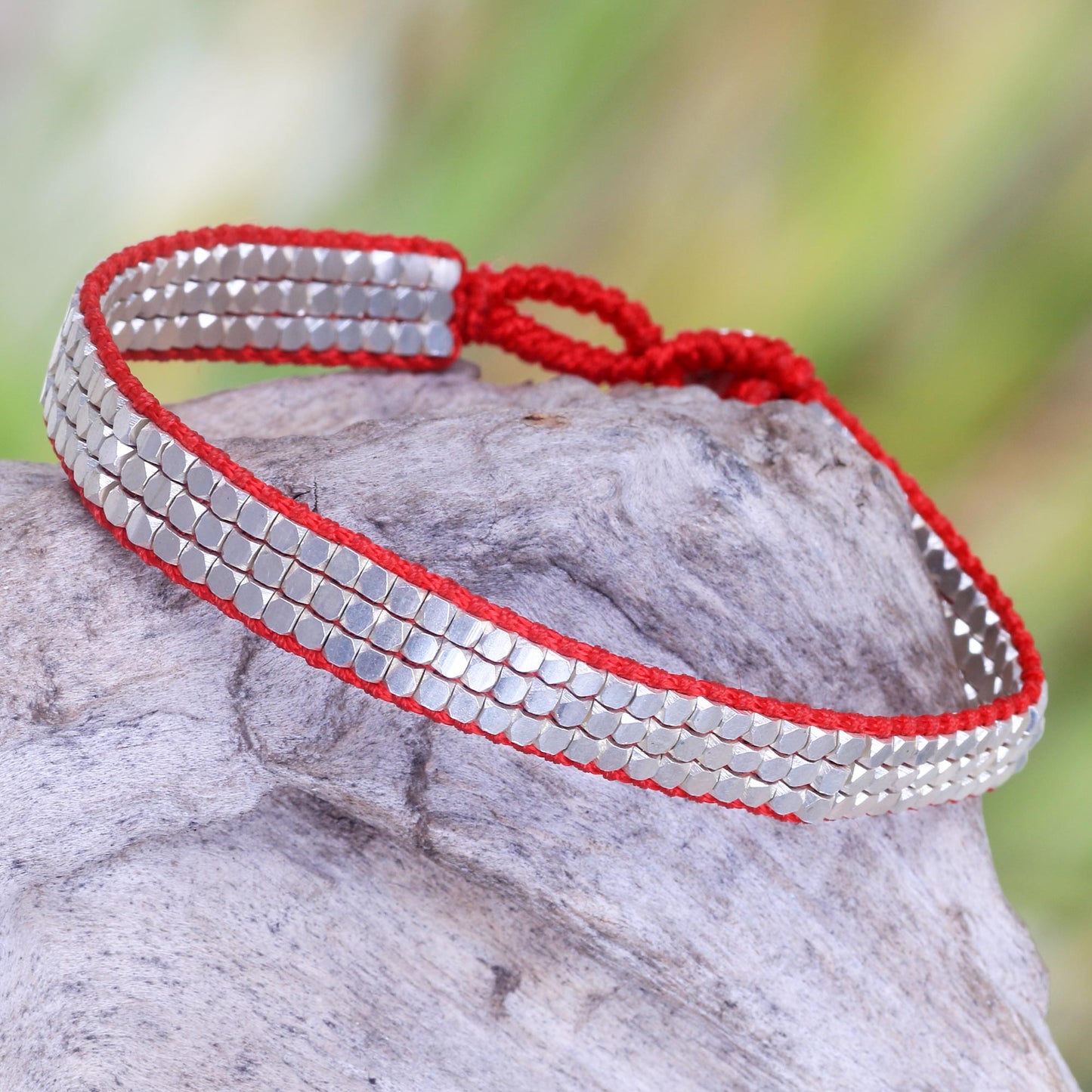 Shimmering Road in Red Fair Trade Sterling Silver and Red Nylon Beaded Bracelet