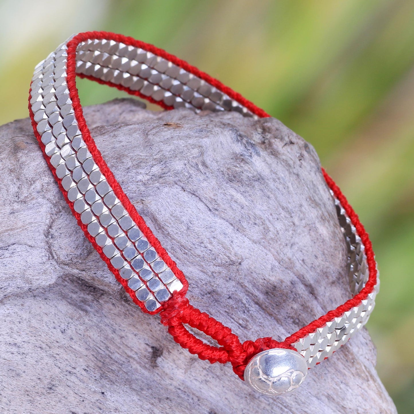 Shimmering Road in Red Fair Trade Sterling Silver and Red Nylon Beaded Bracelet