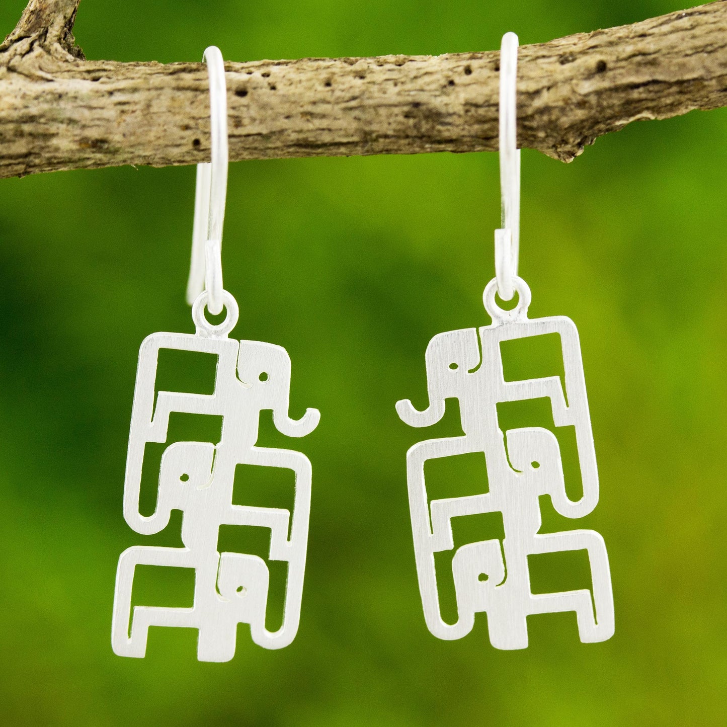 Elephant Pyramid Brushed Sterling Silver Three-Elephant Dangle Earrings