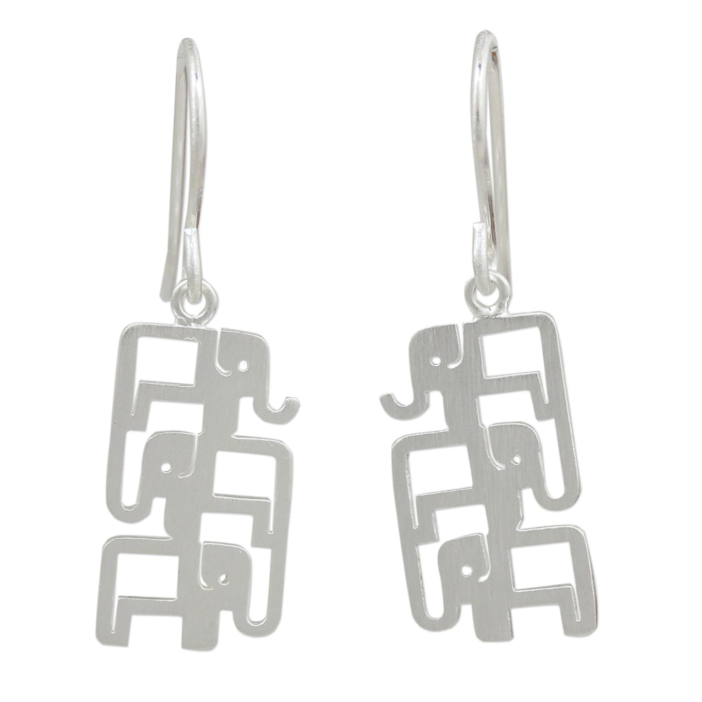 Elephant Pyramid Brushed Sterling Silver Three-Elephant Dangle Earrings