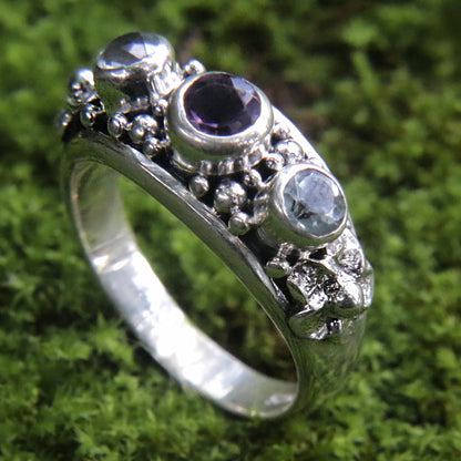 Seminyak Blossoms Amethyst and Blue Topaz Sterling Silver Floral Ring