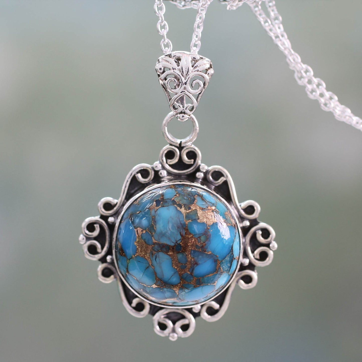 Golden in the Sky Women's Sterling Silver and Composite Turquoise Necklace