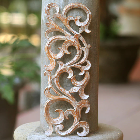 Gentle Fern Hand Carved Wood Wall Panel with Fern Motif from Bali