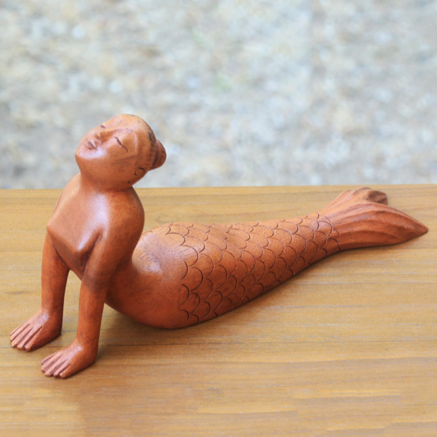 Bhujangasana Mermaid Signed Artisan Carved Mermaid and Yoga Theme Wood Sculpture