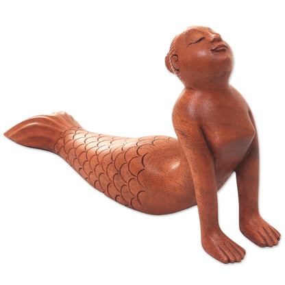 Bhujangasana Mermaid Signed Artisan Carved Mermaid and Yoga Theme Wood Sculpture