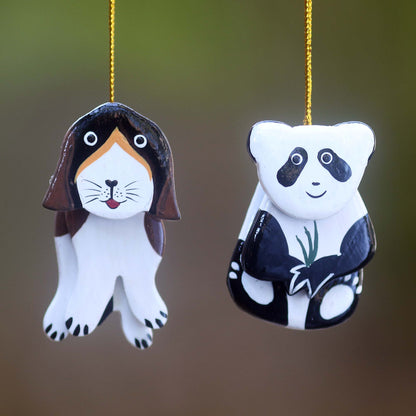 The Pup and the Panda Hand Crafted Dog and Panda Hanging Ornaments Holiday Art