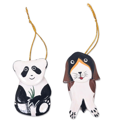 The Pup and the Panda Hand Crafted Dog and Panda Hanging Ornaments Holiday Art