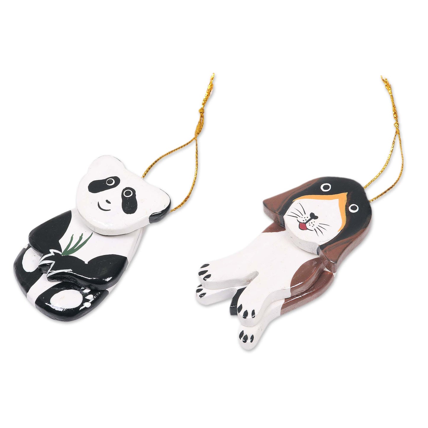 The Pup and the Panda Hand Crafted Dog and Panda Hanging Ornaments Holiday Art