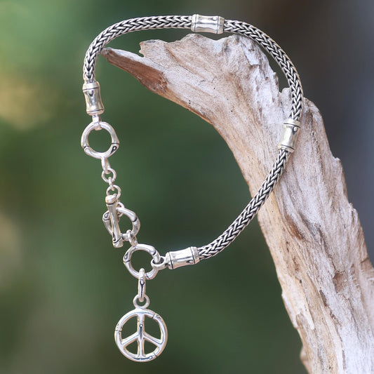 Peaceful Bamboo Artisan Crafted Sterling Silver Bracelet with Peace Charm