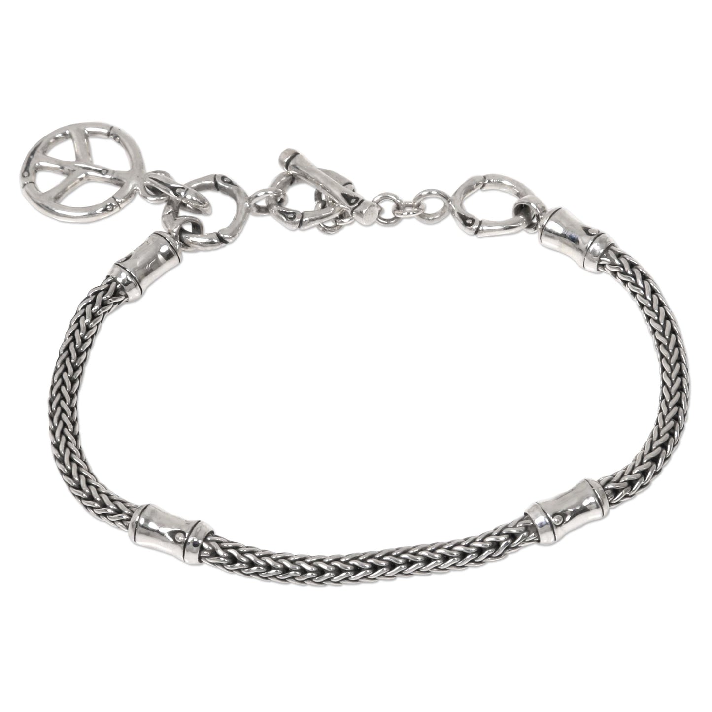 Peaceful Bamboo Artisan Crafted Sterling Silver Bracelet with Peace Charm