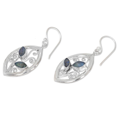 Paradise Leaves 925 Sterling Silver Leaf Earrings with Rainbow Moonstone