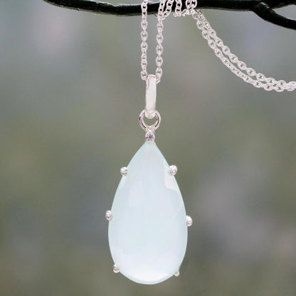 Aqua Drop Chalcedony & Silver Pendant Necklace