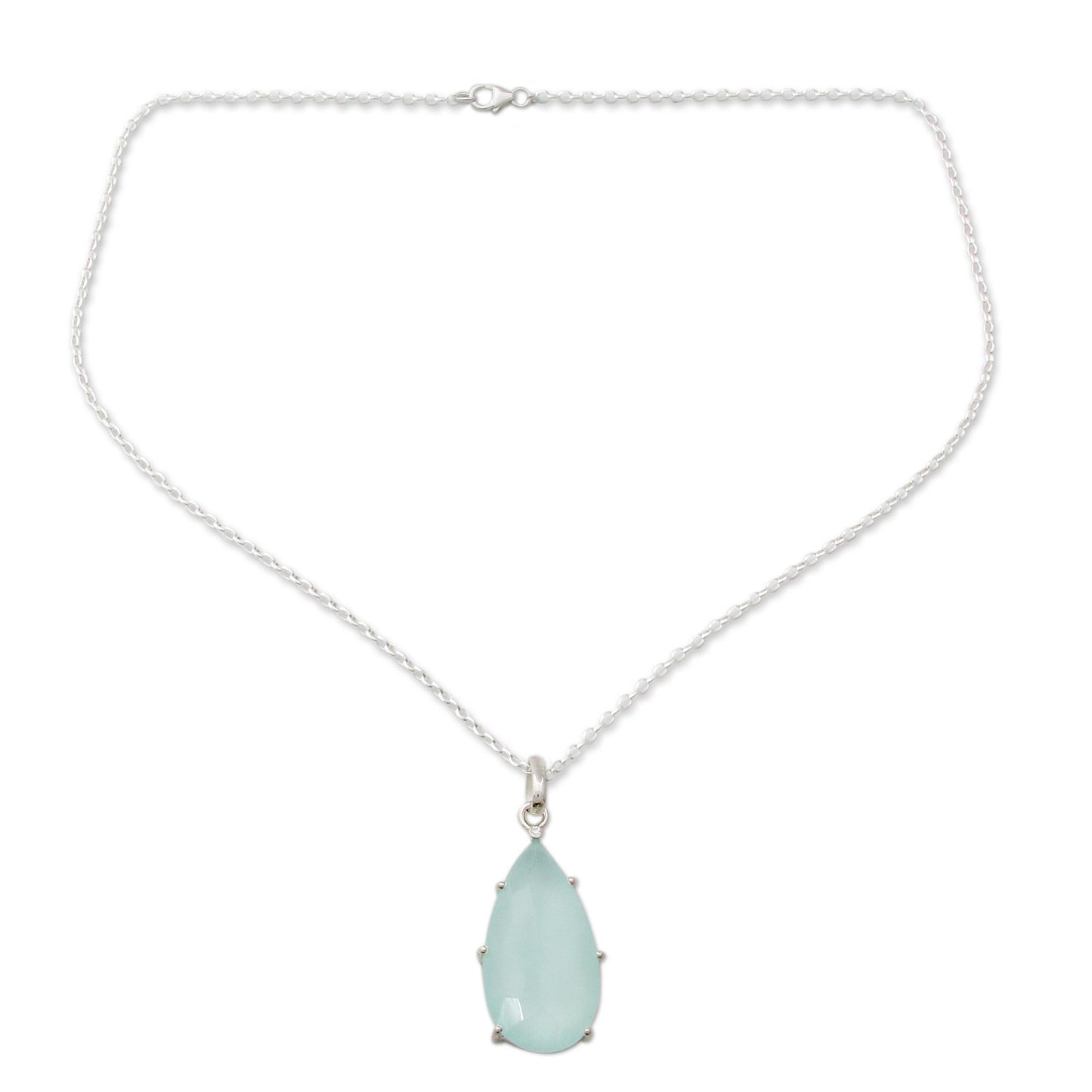 Aqua Drop Chalcedony & Silver Pendant Necklace