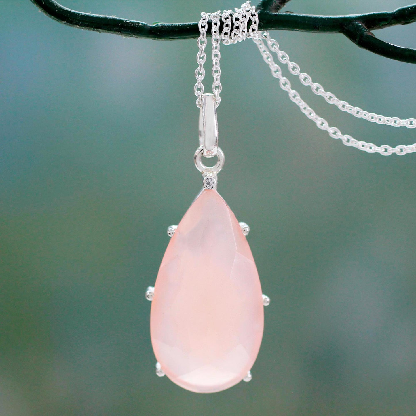 Rose Droplet Hand Crafted Pink Chalcedony and Sterling Silver Necklace