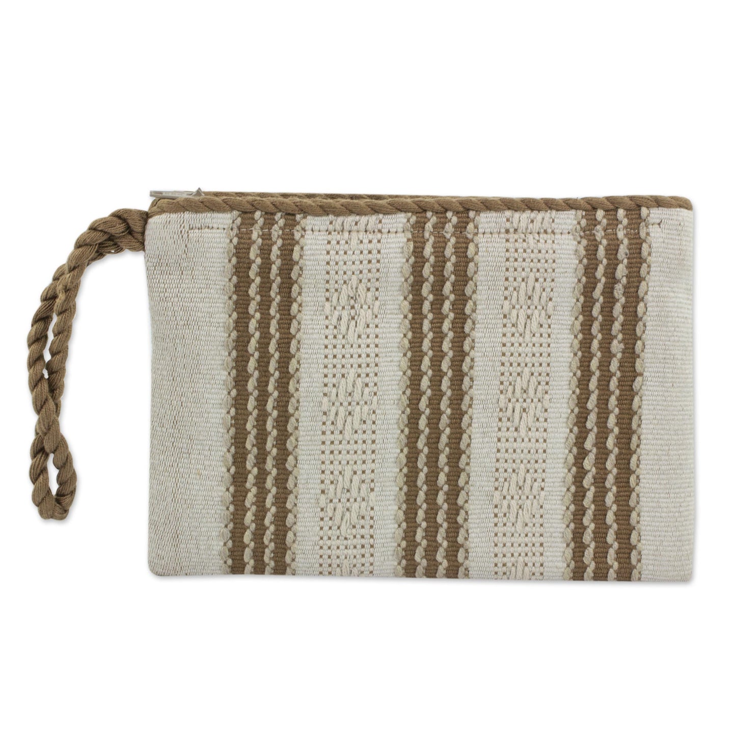 Ivory Casual Hand Woven Ivory and Brown 100% Cotton Wristlet Bag