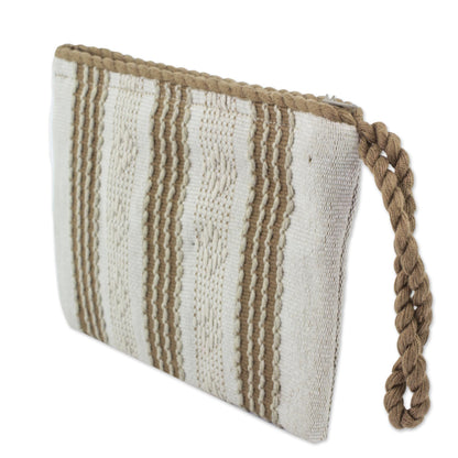 Ivory Casual Hand Woven Ivory and Brown 100% Cotton Wristlet Bag