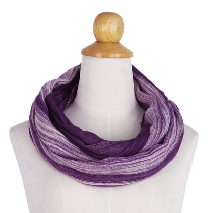 Purple Skies Hand Woven 100% Cotton Infinity Scarf in Purple and White