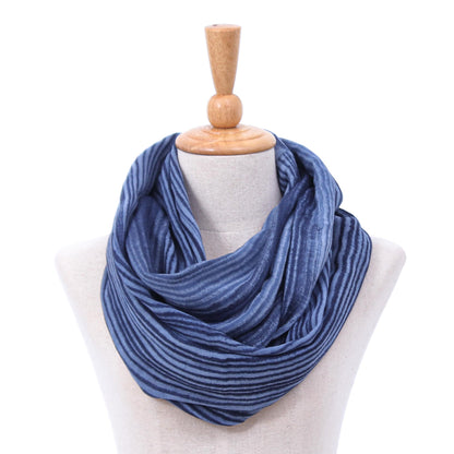 Foggy Night Dark Blue and White 100% Cotton Infinity Scarf from Thailand