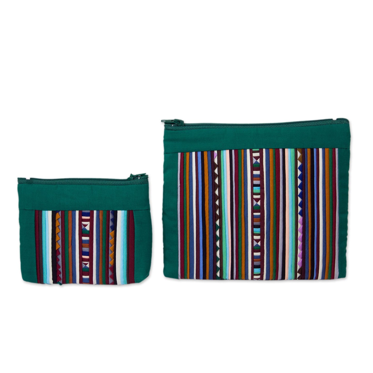 Exotic Lisu in Green Thai Hill Tribe Applique on 2 Cotton Blend Cosmetic Bags