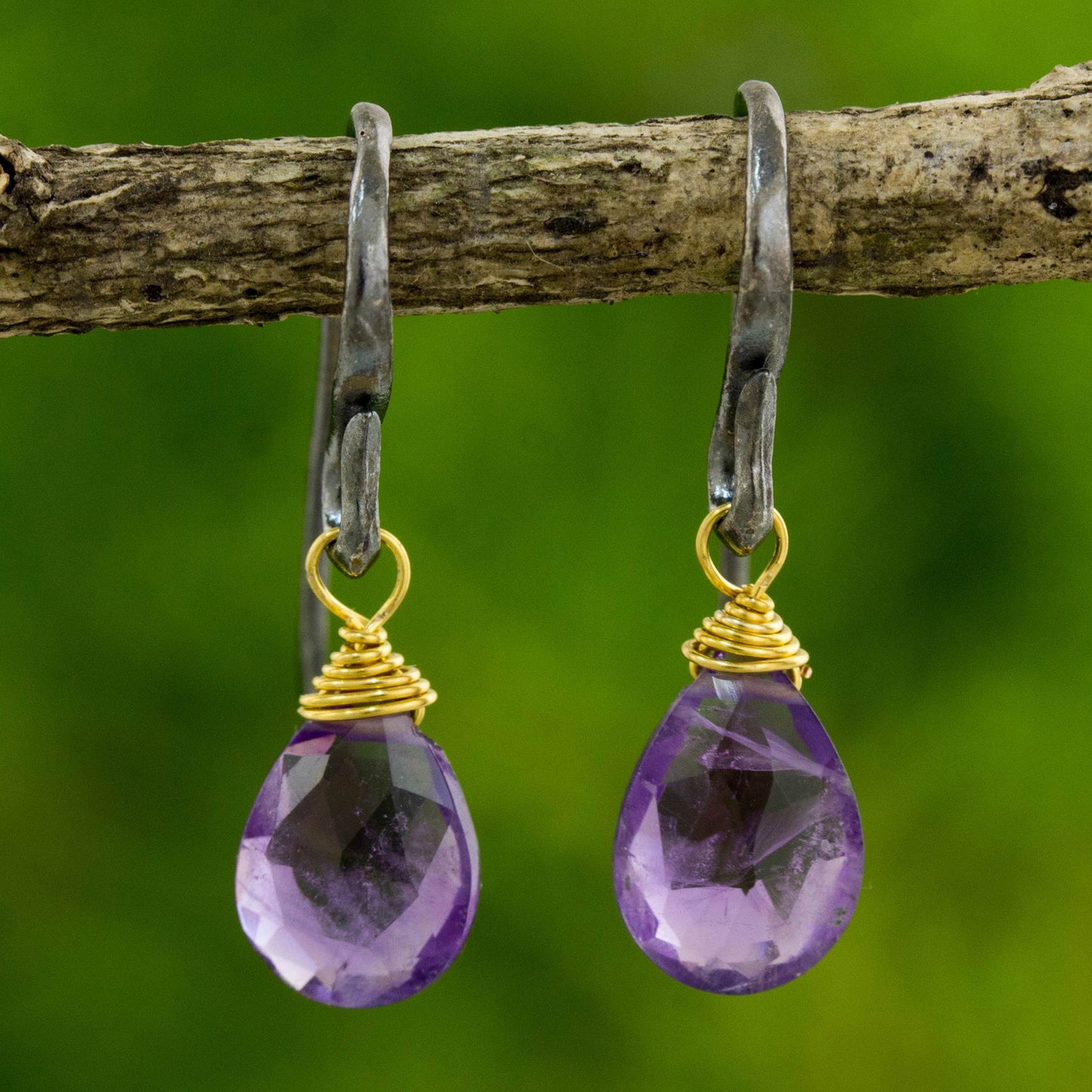 Morning Bright Handmade Gold Accented Amethyst Dangle Earrings