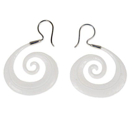 Feather Spiral Silver Hook Hand Carved Bone Earrings with Feather Theme