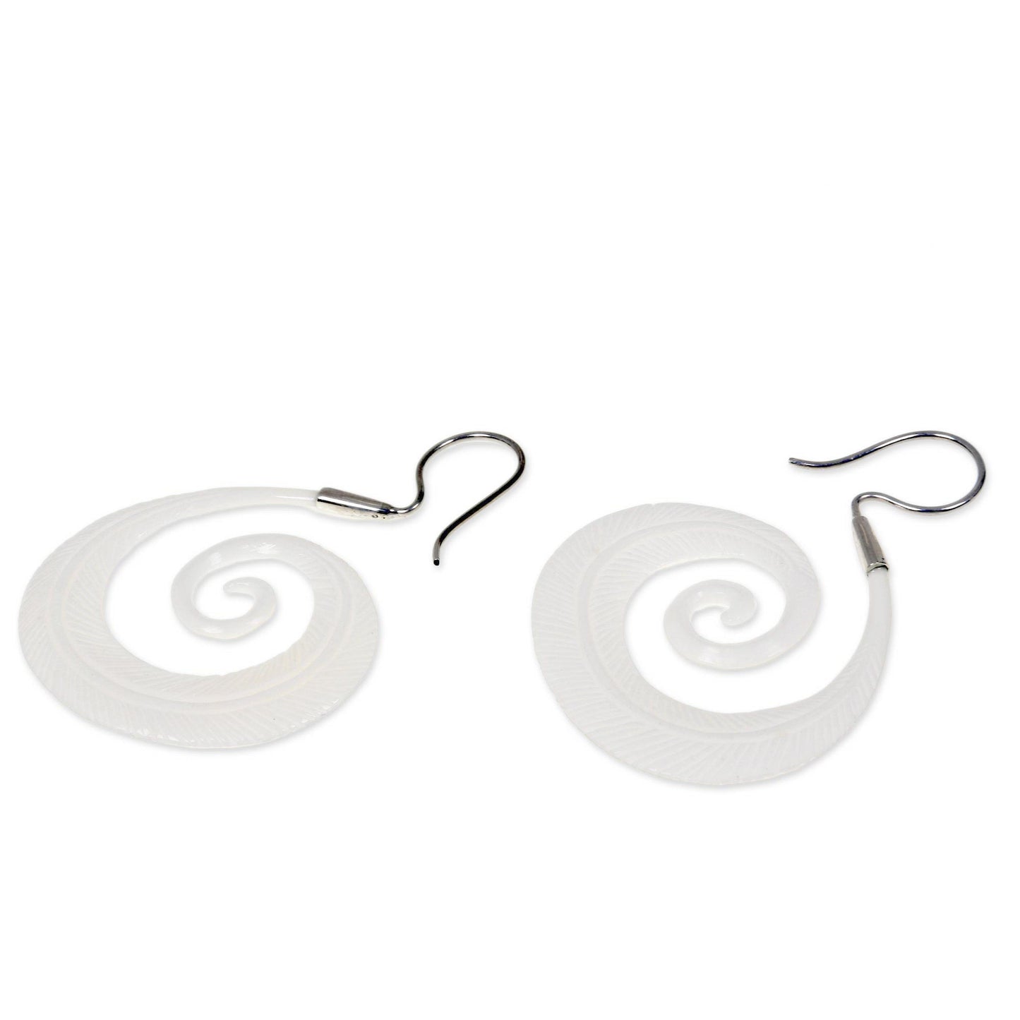 Feather Spiral Silver Hook Hand Carved Bone Earrings with Feather Theme