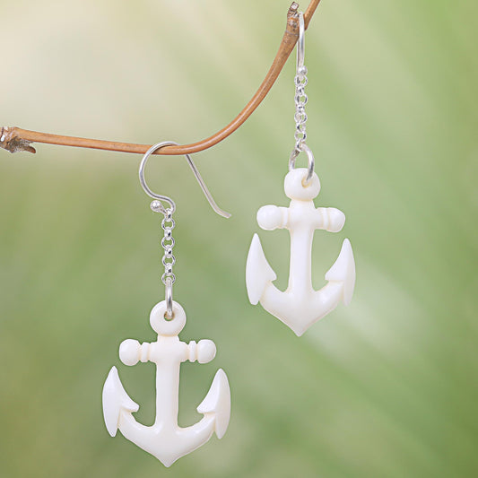 Anchored Hand Carved Bone Anchor Earrings Bali Artisan Jewelry