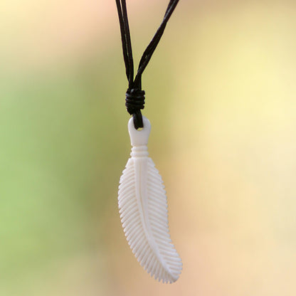 Tropical Palm Artisan Crafted Leather and Bone Palm Leaf Pendant Necklace