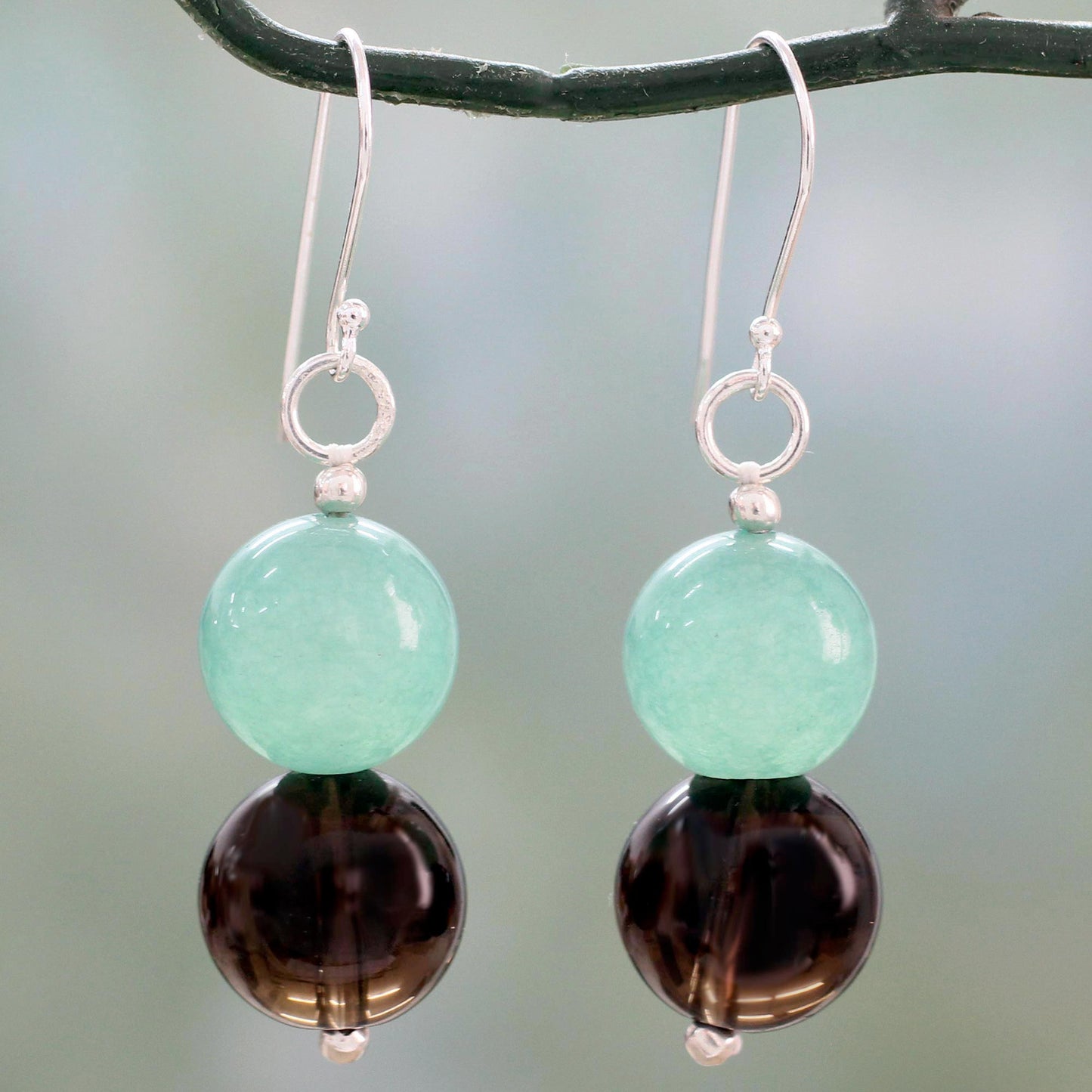 Mint in the Mist Smoky Quartz and Green Quartz Silver Hook Dangle Earrings