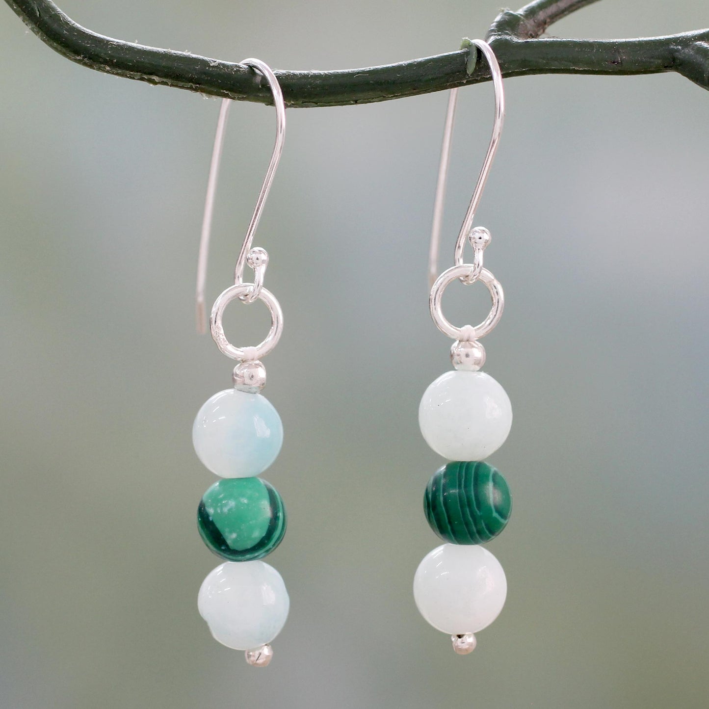 Forest Mysteries Amazonite Earrings with Malachite and Silver Hooks