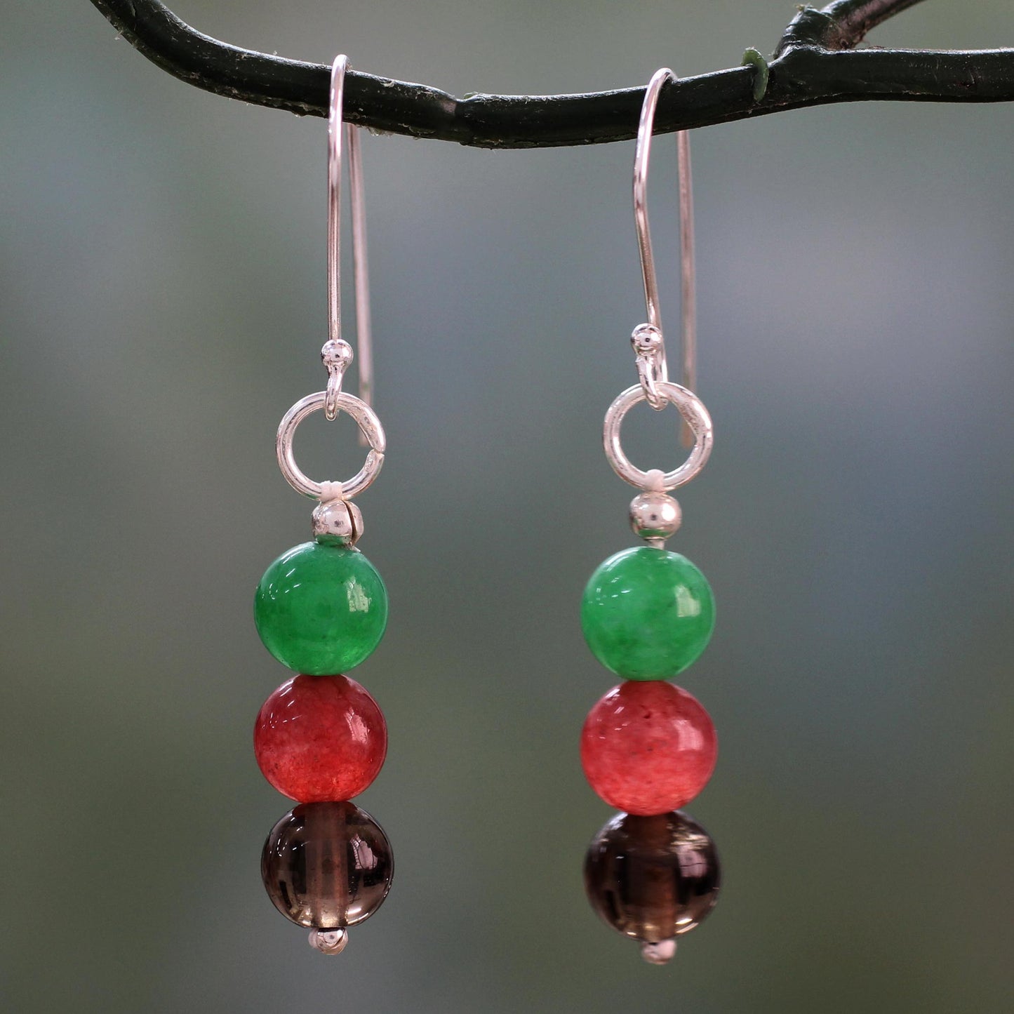 Festive Trio Hand Crafted Smoky Quartz Silver Hook Dangle Earrings