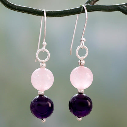 Dreamy Affair Hand Crafted Amethyst and Rose Quartz Dangle Earrings