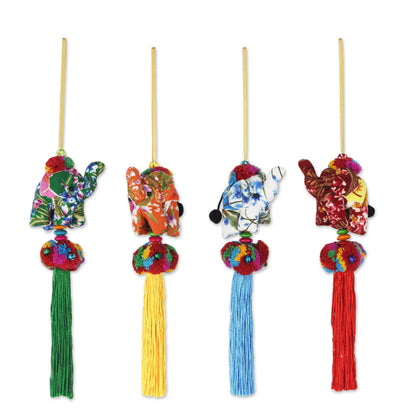 Happy Lanna Elephants Set of 4 Multicolor Thai Elephant Ornaments Crafted by Hand