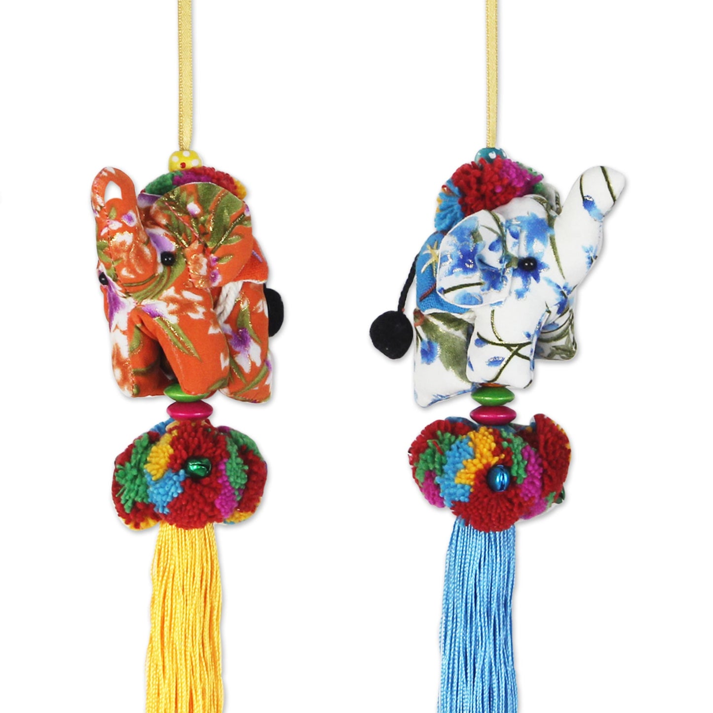 Happy Lanna Elephants Set of 4 Multicolor Thai Elephant Ornaments Crafted by Hand